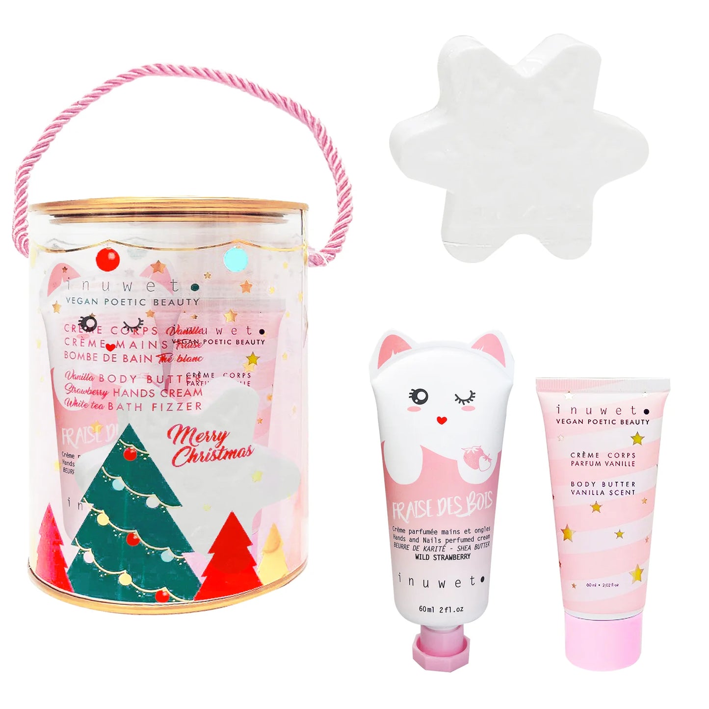 Coffret flocon de neige - BOMBE DE BAIN, CRÈME À MAINS FRAISE & LAIT CORPS